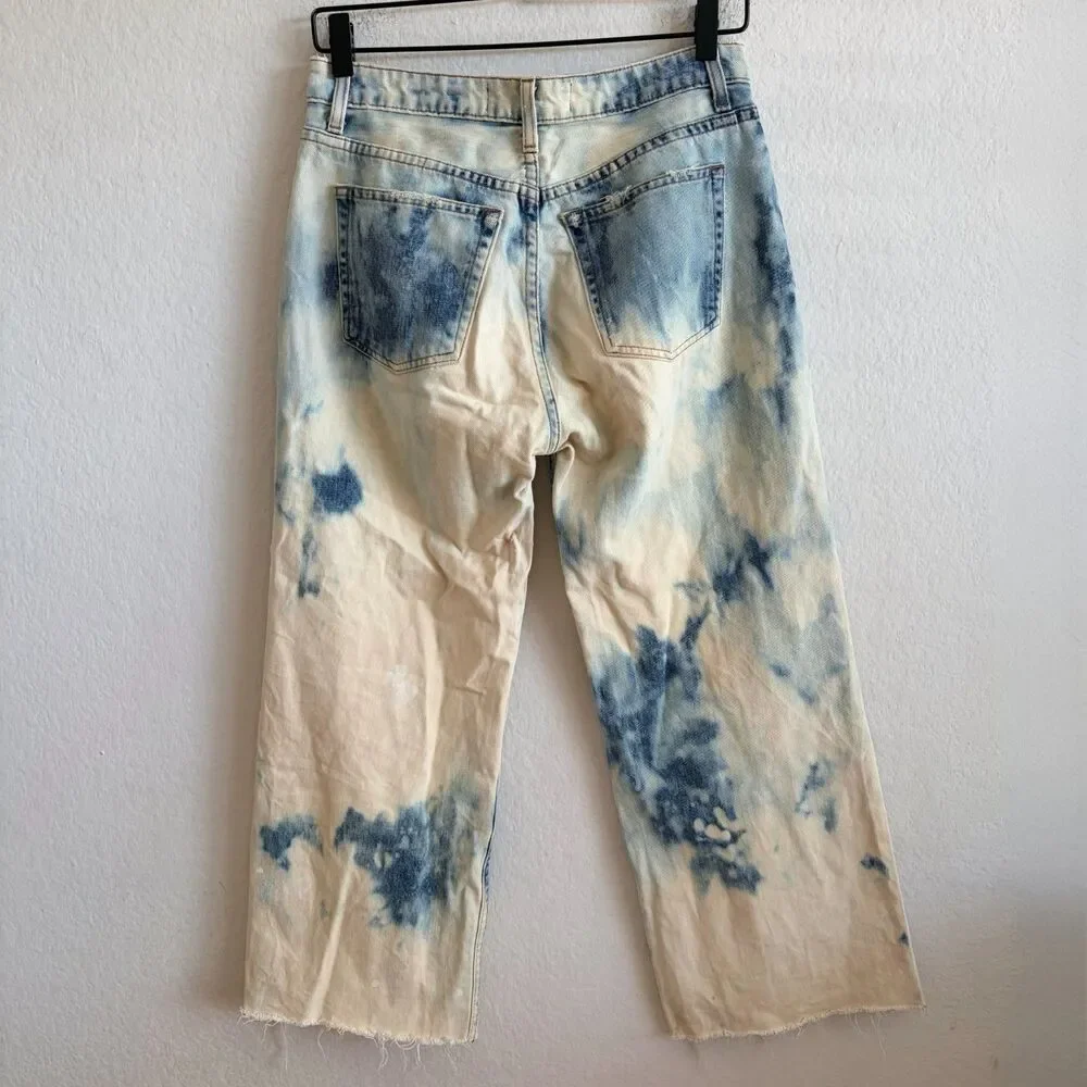 REFORMATION Tie-Dye Blue Cream Petite Wide Crop Raw Hem Denim Jeans Womens 27